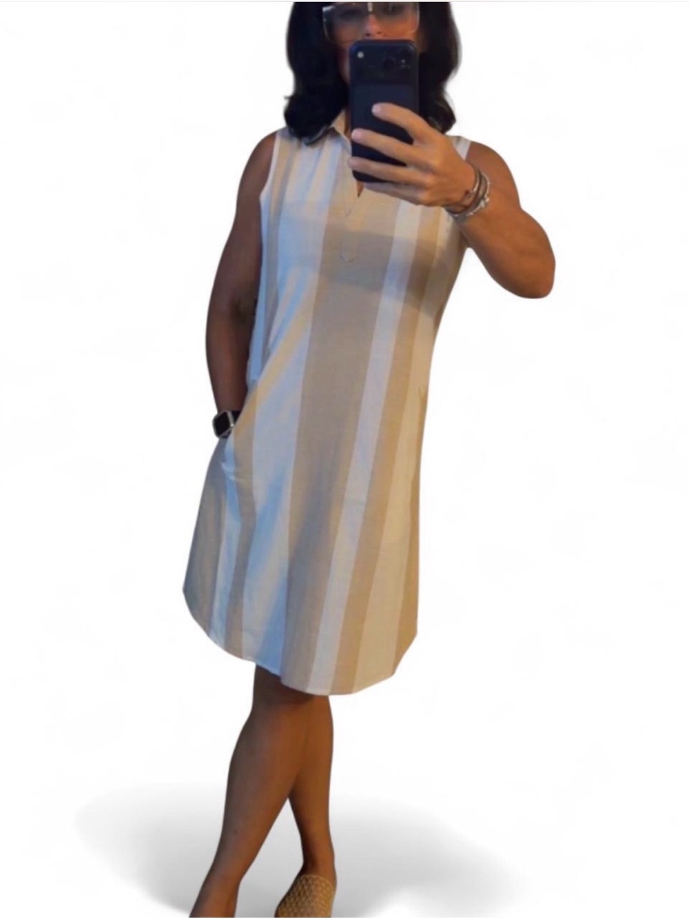 Source Unknown Beige and White Striped Sleeveless Shirt Dress